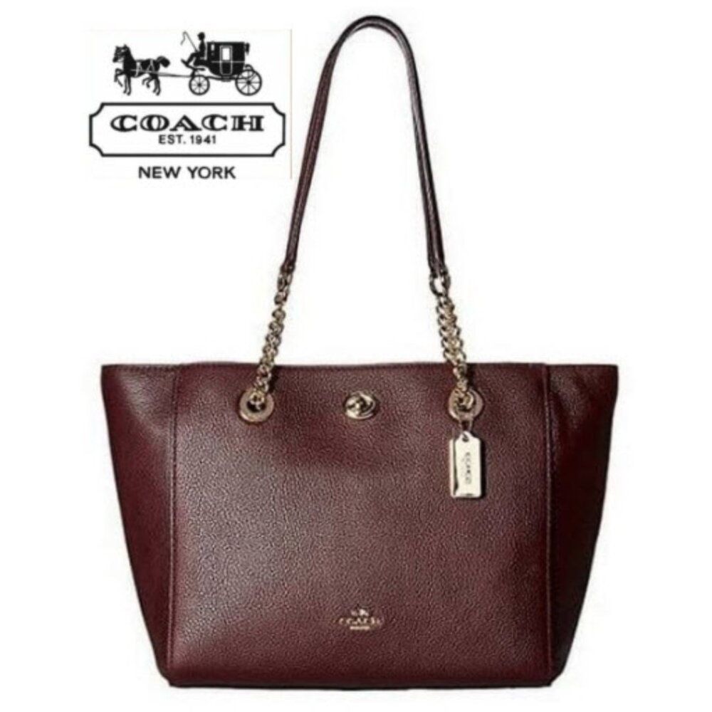 Coach 57107 Turnlock Gold Chain tote 27 in pebble leather oxblood bag Designer